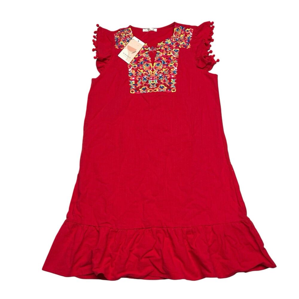 Floral Embroidered Shift Dress Red Flowy Boho Ruffle